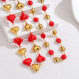Minimalist red heart beaded stainless steel necklace with contrast gold spheres