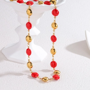 New Chinese style geometric heart necklace with red enamel and gold titanium steel chain