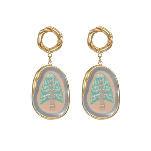 Artistic 18k gold oval earrings featuring abstract green tree enamel pattern design