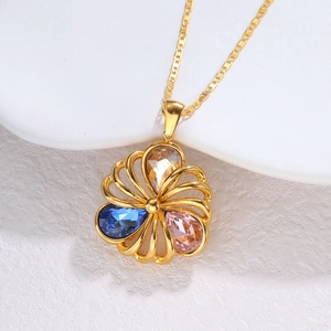 18k gold hollow flower pendant necklace with multicolored pear-cut zircon stones