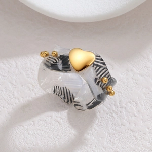 Modern irregular resin open ring with 18K gold heart accent and black-white stripes