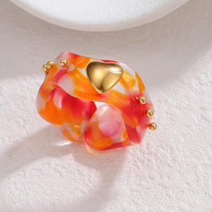 Fashionable leopard marble resin heart ring with gold beads and a bold open band design