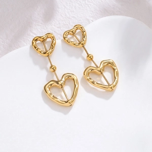 18k gold plated stainless steel hollow heart drop earrings with textured finish