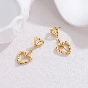 Polished 18k gold plated stainless steel hollow heart drop earrings for women