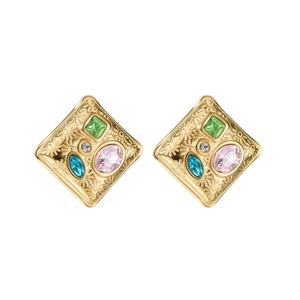 French vintage 18k gold heart geometric earrings with colorful zircons in a retro sunburst design