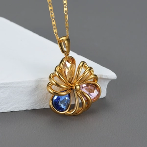 Hollow Flower Pendant Necklace Stainless Steel 18K Gold Plated Colorful Zircon Elegant Jewelry For Women Non-Fading