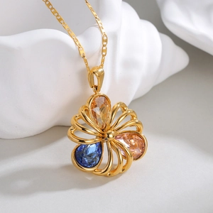 Vintage 18k gold hollow flower necklace with colorful pear-cut crystals and fine chain