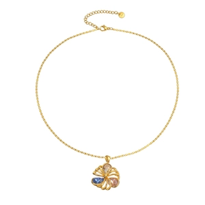 18k gold hollow flower necklace with zircon stones in blue, yellow, and pink colors