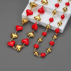 Heart Round Red Enamel Bead Necklace Stainless Steel 18K Gold Plated Non-Tarnish Elegant Retro Jewelry For Women