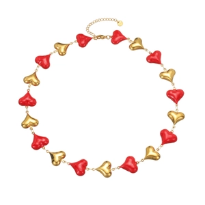 New Chinese style geometric heart necklace in red enamel and gold plated titanium steel