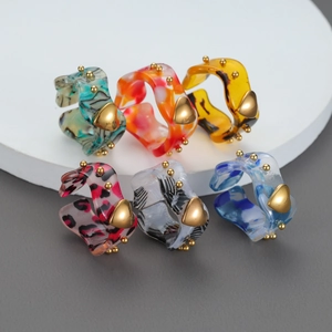 Retro Resin Acrylic Open Rings With Metal Heart Gold Bead Accents Leopard Marble Texture Chunky Rings For Women Jewelry