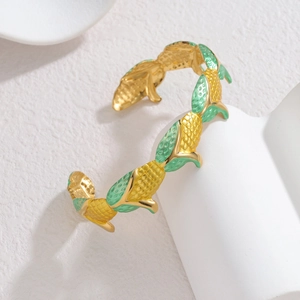 Bracelet jonc maïs en or 18K créatif avec grains en émail jaune et détails de feuilles