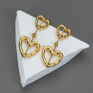 Hollow Heart Dangle Earrings Stainless Steel 18K Gold Plated Double Layered Heart Drop Earrings For Women Jewelry