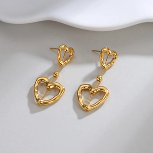 Golden 18k hollow double heart drop earrings with irregular molten metal texture