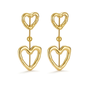 18K gold plated stainless steel hollow heart drop earrings with a polished finish