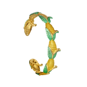 Bracelet ouvert créatif en or 18K en forme de maïs avec émail vert réaliste