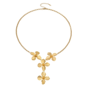 Luxury 18k gold flower tassel sweater chain necklace with four petals and brushed metal texture