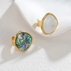Adjustable 18k gold irregular rings featuring mother of pearl and abalone shell inlays