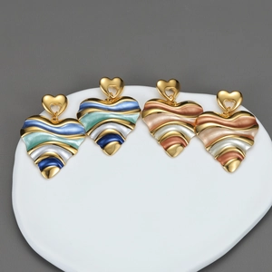 Boucles D'oreilles Pendantes Coeur Acier Inoxydable Plaqué Or 18K Ondulées Email Texture Vague Bijoux Mode Pour Femmes