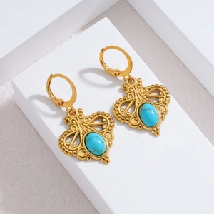 Boucles d'oreilles vintage à levier en acier inoxydable plaqué or 18k avec pierres turquoise