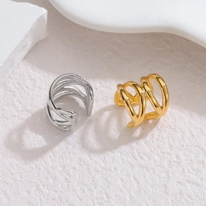 Minimalist wavy geometric ear cuff in gold and silver polished stainless steel finish
