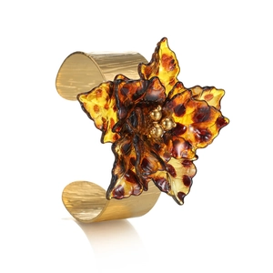 18k gold floral cuff bracelet with leopard print amber petals and textured metal finish