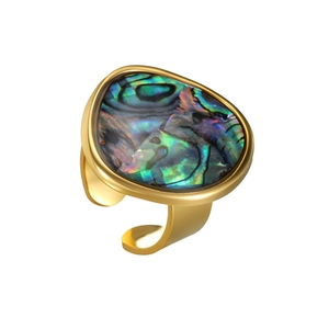 Irregular oval abalone shell ring in gold finish with an adjustable open band