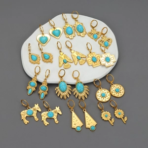 Boucles D'oreilles Bohèmes Vintage Acier Inoxydable Plaqué Or 18K Turquoise Céleste Soleil Lune Étoile Bijoux Ethniques