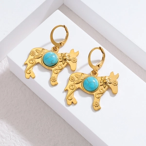 Boucles d'oreilles animal plaquées or 18K avec pierres turquoise et motifs floraux
