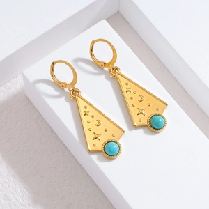Boucles d'oreilles triangle en acier inoxydable doré 18k avec turquoise et relief