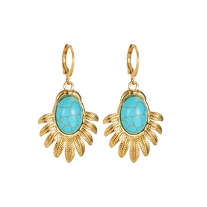 Boucles d'oreilles vintage en acier inoxydable doré 18 carats avec turquoise de style bohème
