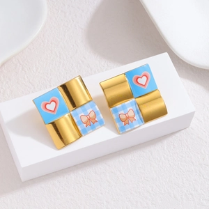 Square 18k gold-plated stud earrings with blue heart and red bow pattern design