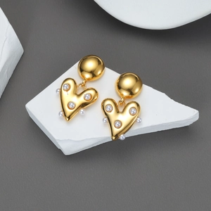 Boucles Oreilles Pendantes Coeur Acier Inoxydable Avec Künstliche Perle Imitation Plaqué Or Bijoux Mode Femme