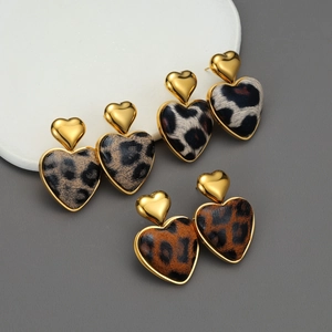 Vintage Heart Drop Earrings For Women Leopard Print Stainless Steel Gold Plated Fashion Jewelry Maillard Style