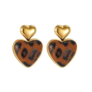 18k gold leopard print heart earrings with a polished golden stud on a white background