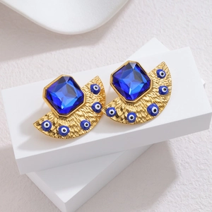 Retro hammered gold earrings with square blue zircon and evil eye beads