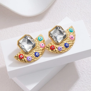 Fan-shaped gold earrings with hammered texture, square crystal and colorful evil eye accents