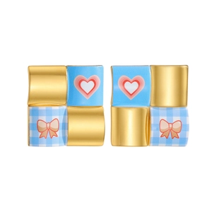 Square 18k gold earrings with heart patterns and blue bow tie checkered enamel details