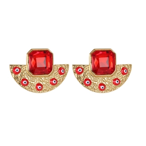 Bohemian 18k gold evil eye fan earrings featuring rectangular ruby crystals and hammered metal