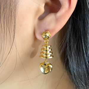 Golden 3-tier pagoda earrings with hexagonal stud and 3D heart pendant for women