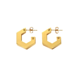 Modern multilayer geometric gold plated C-shaped earrings with a polished hexagonal finish