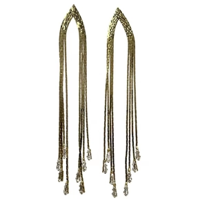 Long gold tassel earrings with shimmering crystals and elegant cascading chain design