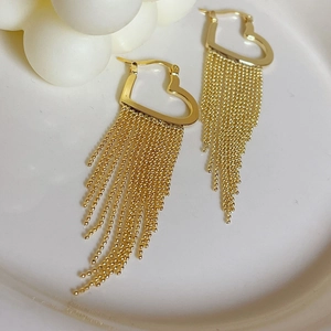 Copper Heart Tassel Drop Earrings Long Chain Bead Elegant Fashion Jewelry For Women