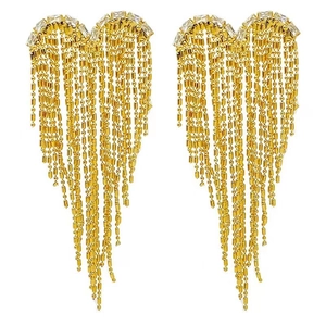Elegant gold heart tassel earrings with sparkling crystals and layered bead chains