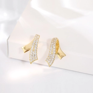 24k gold plated geometric ribbon stud earrings with sparkling cubic zirconia inlay
