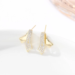 Ribbon Stud Earrings For Women With 24K Gold Plated Copper Zircon And 925 Sterling Silver Earring Post