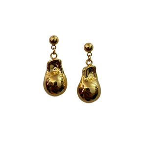 Golden geometric drop earrings with polished organic water drop pendants on white background