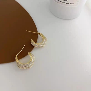 Elegant 18k gold plated moon crescent stud earrings with pavé set cubic zirconia stones