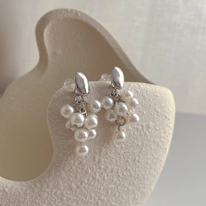 Grape Cluster Artificial Pearl Drop Earrings Brass 18K Gold Plated With 925 Sterling Silver Earring Post Vintage Elegant For Women