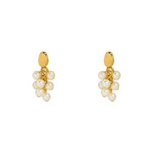Elegant gold pearl grape cluster earrings featuring irregular metal studs on white background